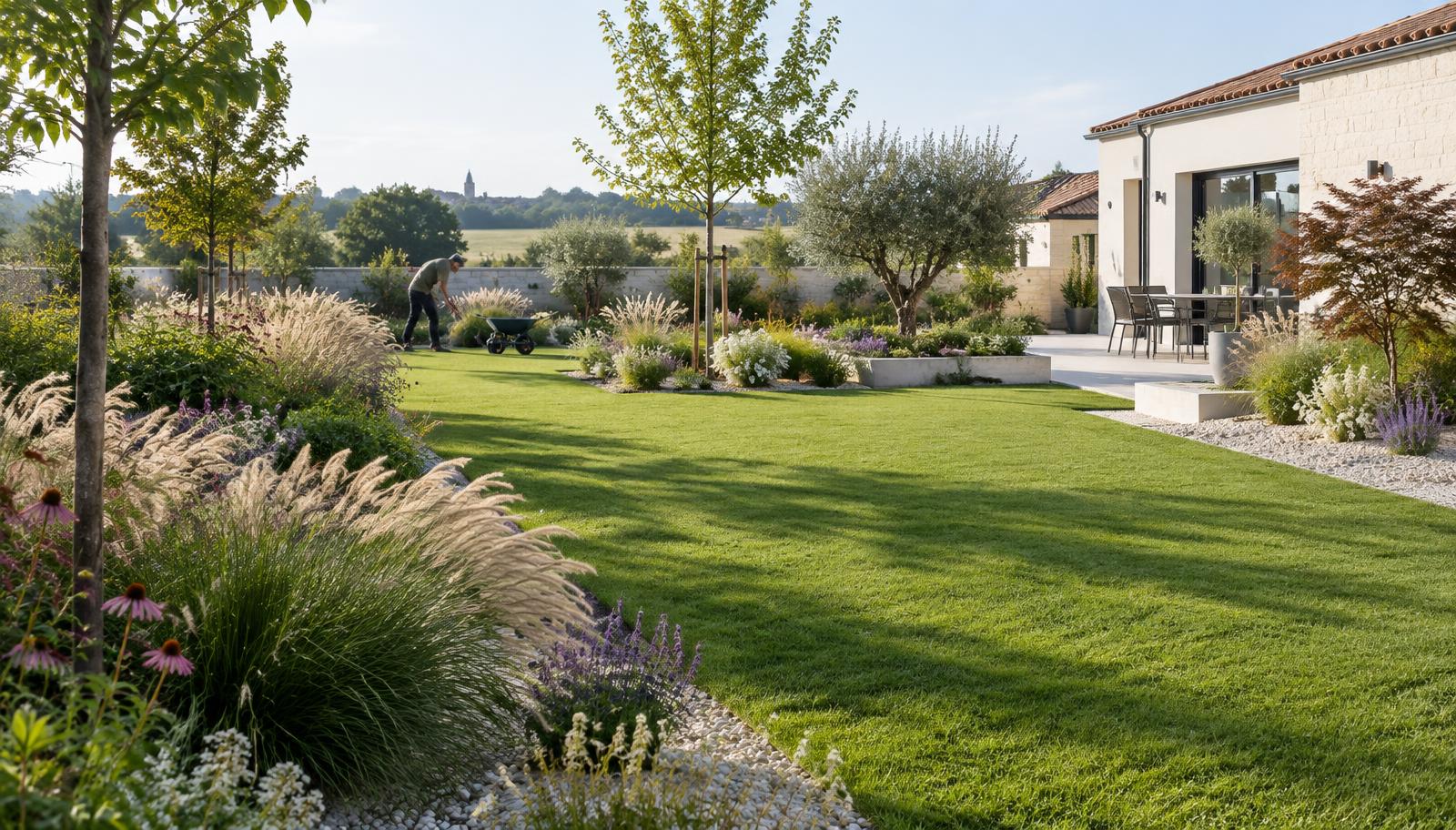Jardin aménagé avec massifs et pelouse